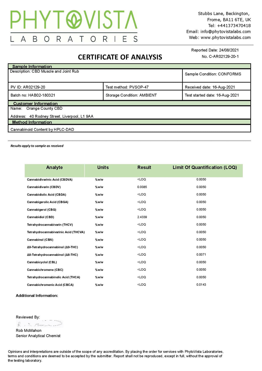 Orange County CBD 2000mg CBD Bálsamo para músculos e articulações - 100ml :: Estoque com data de validade curta ::