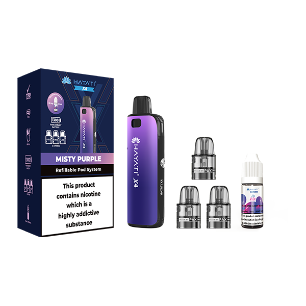 El kit de vapeo con cápsulas recargables Hayati X4 incluye 1 sal de nicotina de 20 mg + 3 cápsulas recargables