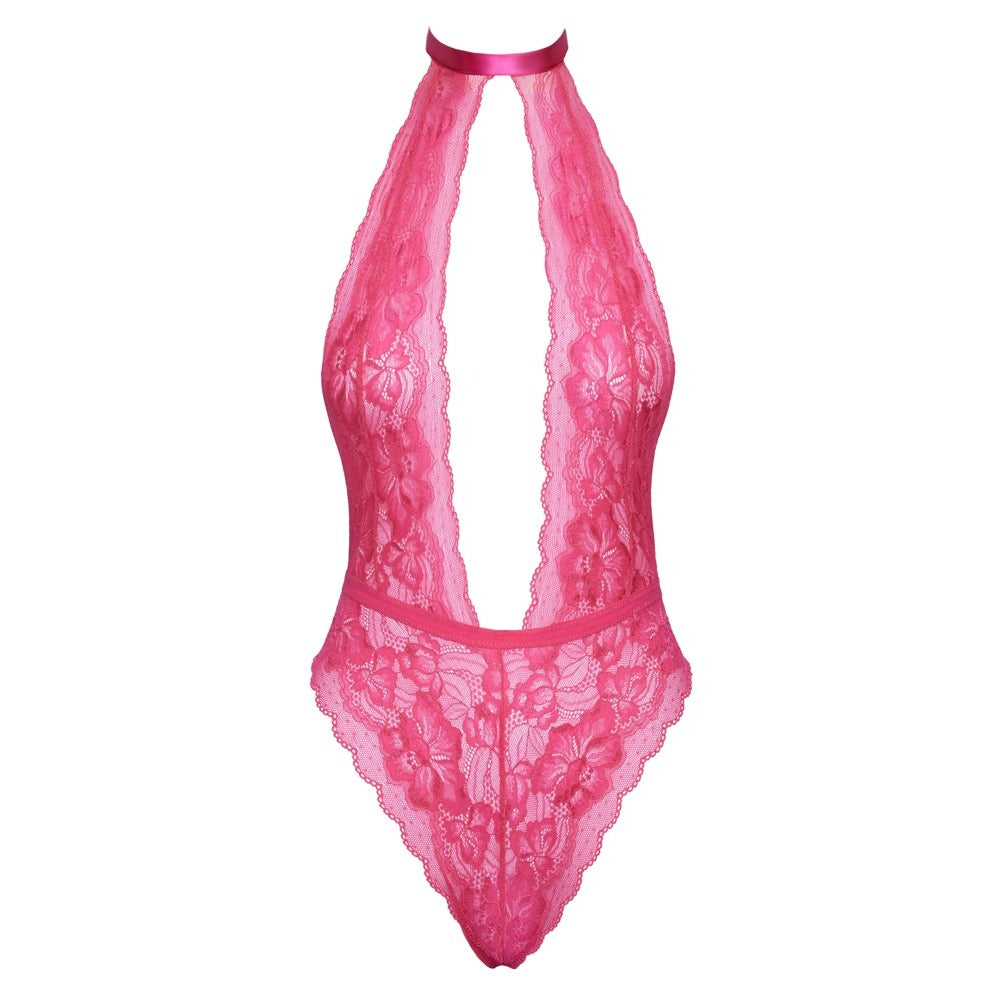 Body de encaje con cuello halter besable rosa Talla: L/XL