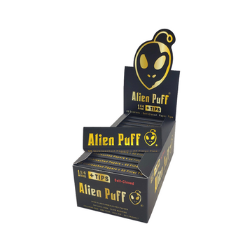 50 hojas de papel marrón sin blanquear Alien Puff Black &amp; Gold de tamaño 1 1/4 + puntas