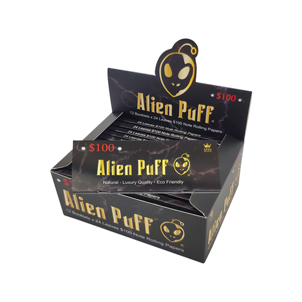 24 Alien Puff Preto e Dourado King Size $100 Nota Seda Papéis