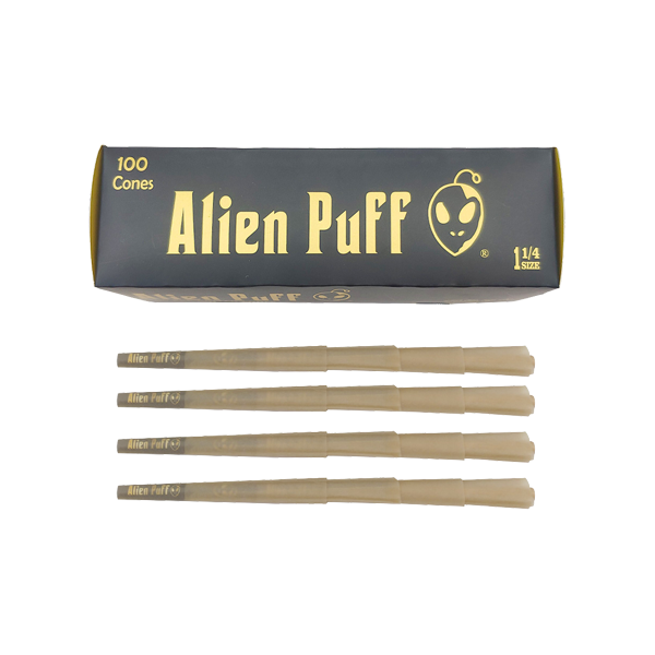 100 Alien Puff Preto e Dourado 1 1/4 Tamanho Cones Pré-Enrolados
