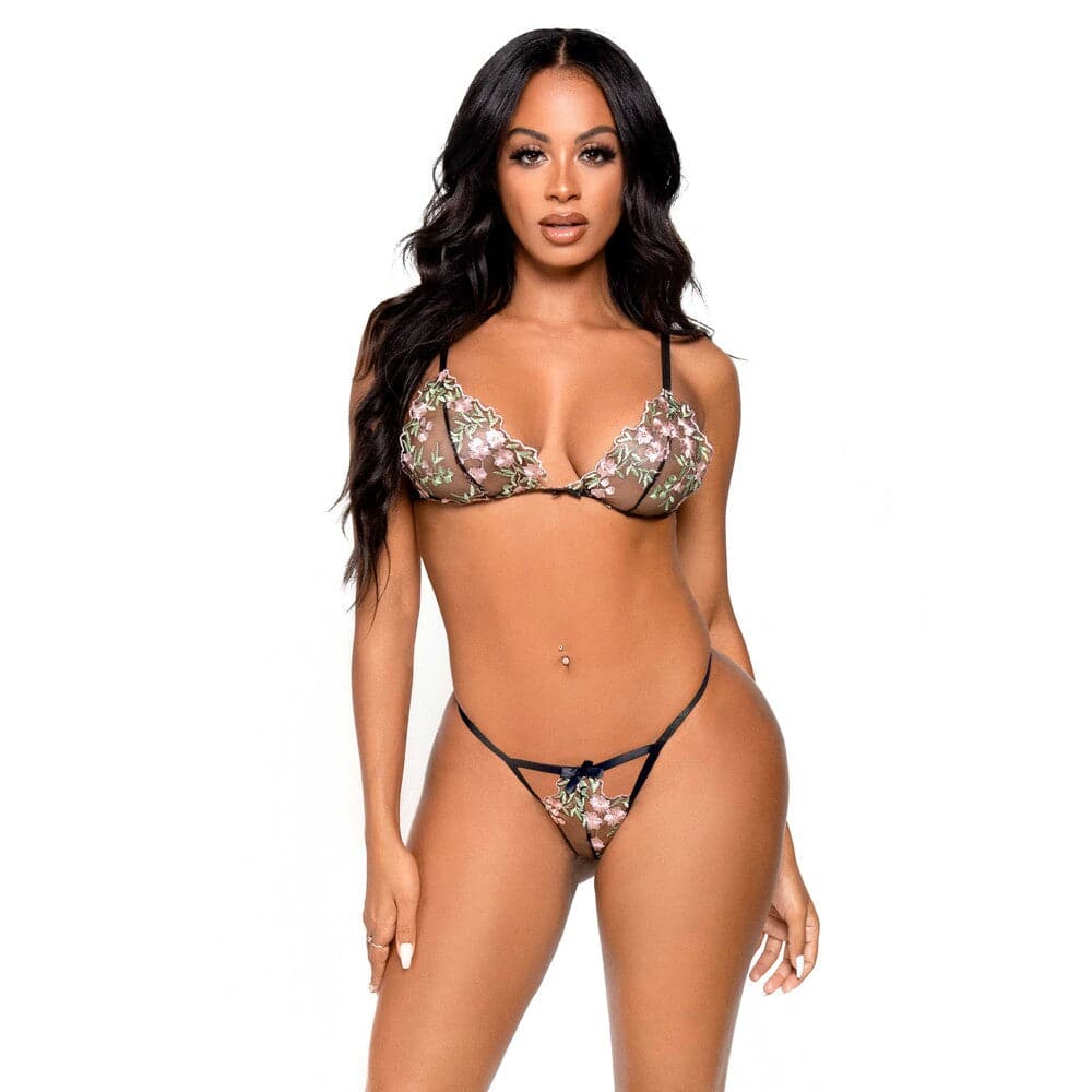 Sujetador y tanga transparentes con diseño floral de Leg Avenue, color negro, talla grande