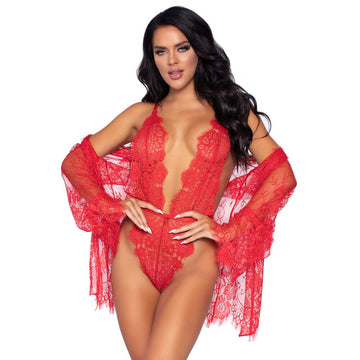 Leg Avenue Floral Lace Teddy e Robe Vermelho Tamanho: Grande