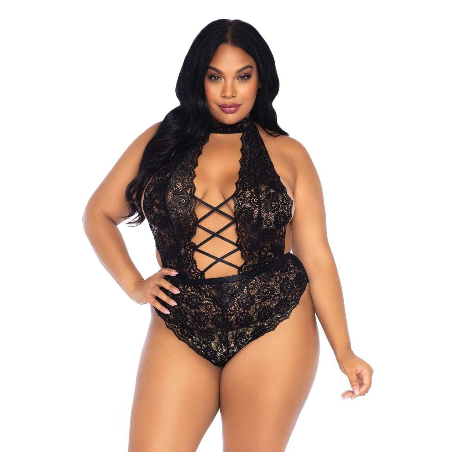 Body sin entrepierna con encaje floral Leg Avenue en color negro, talla 14 a 18 del Reino Unido