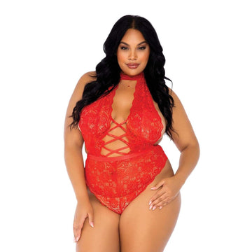 Leg Avenue Floral Lace Crotchless Teddy Vermelho Reino Unido 14 a 18