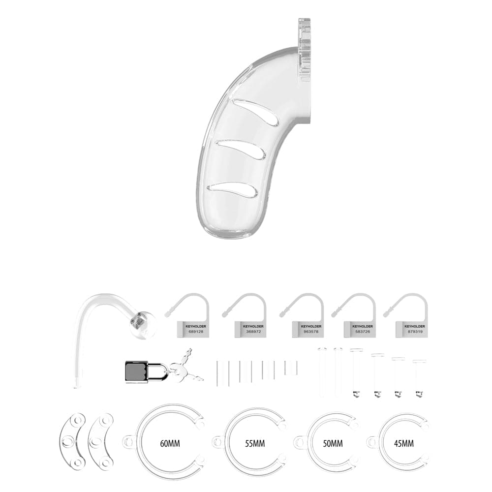 Jaula de castidad transparente para hombre de 11 pulgadas y 4,5 pulgadas con tapón anal