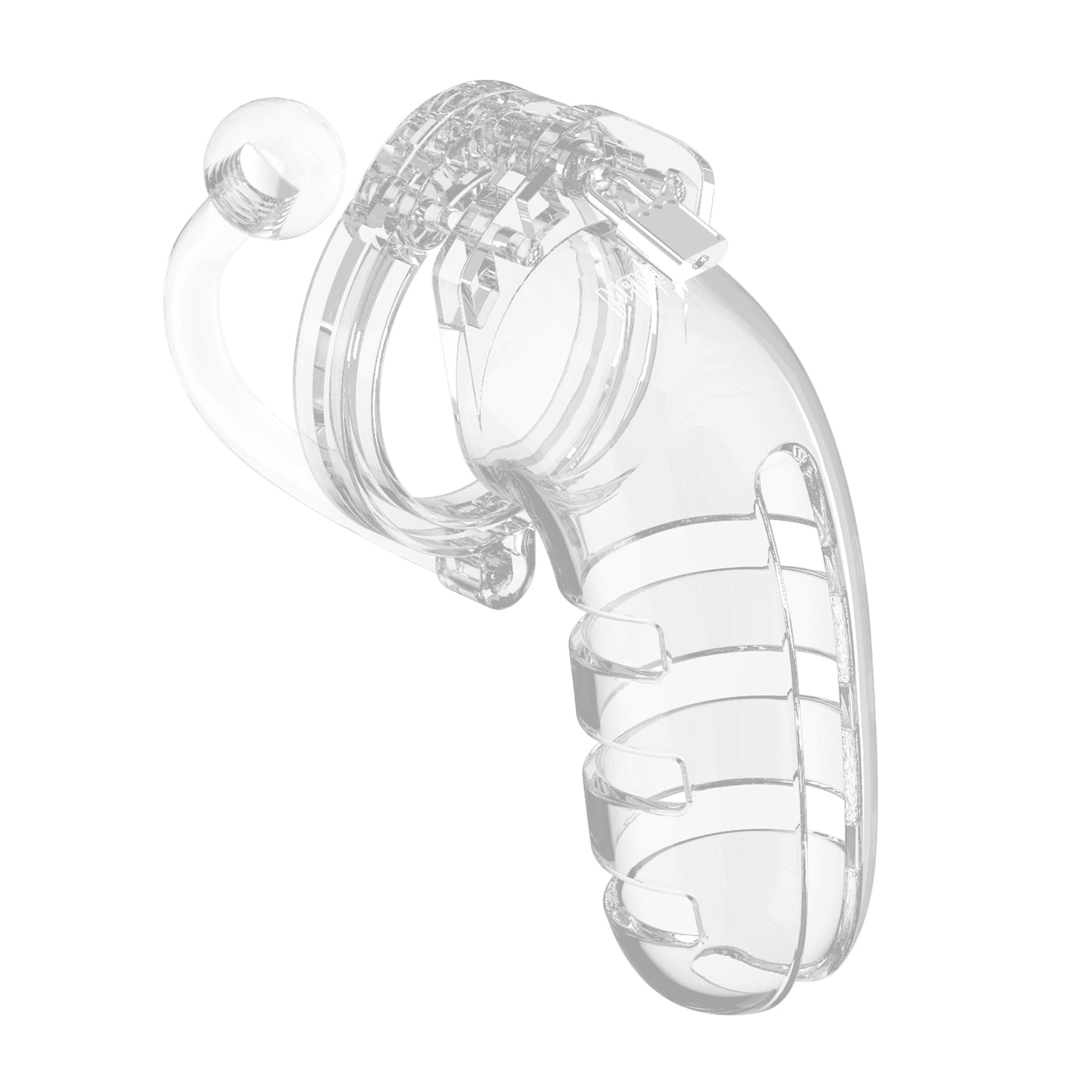 Jaula de castidad transparente para hombre de 12 pulgadas y 5,5 pulgadas con tapón anal