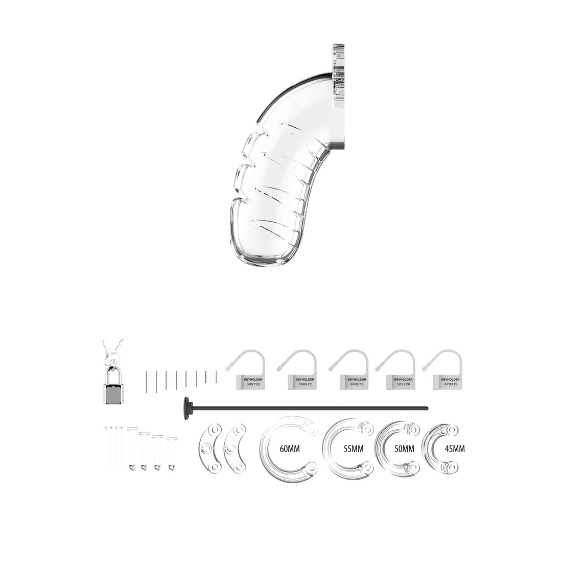 Jaula de castidad transparente para hombre de 16 pulgadas y 4,5 pulgadas con sonda uretral