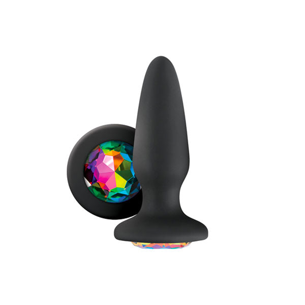 Tapón anal de silicona con gemas arcoíris de Glams, color negro