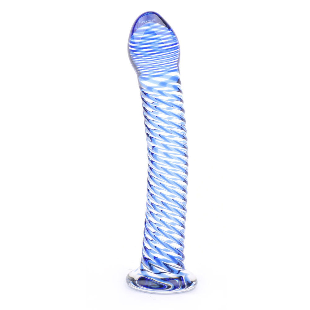 Dildo de vidro com design espiral azul