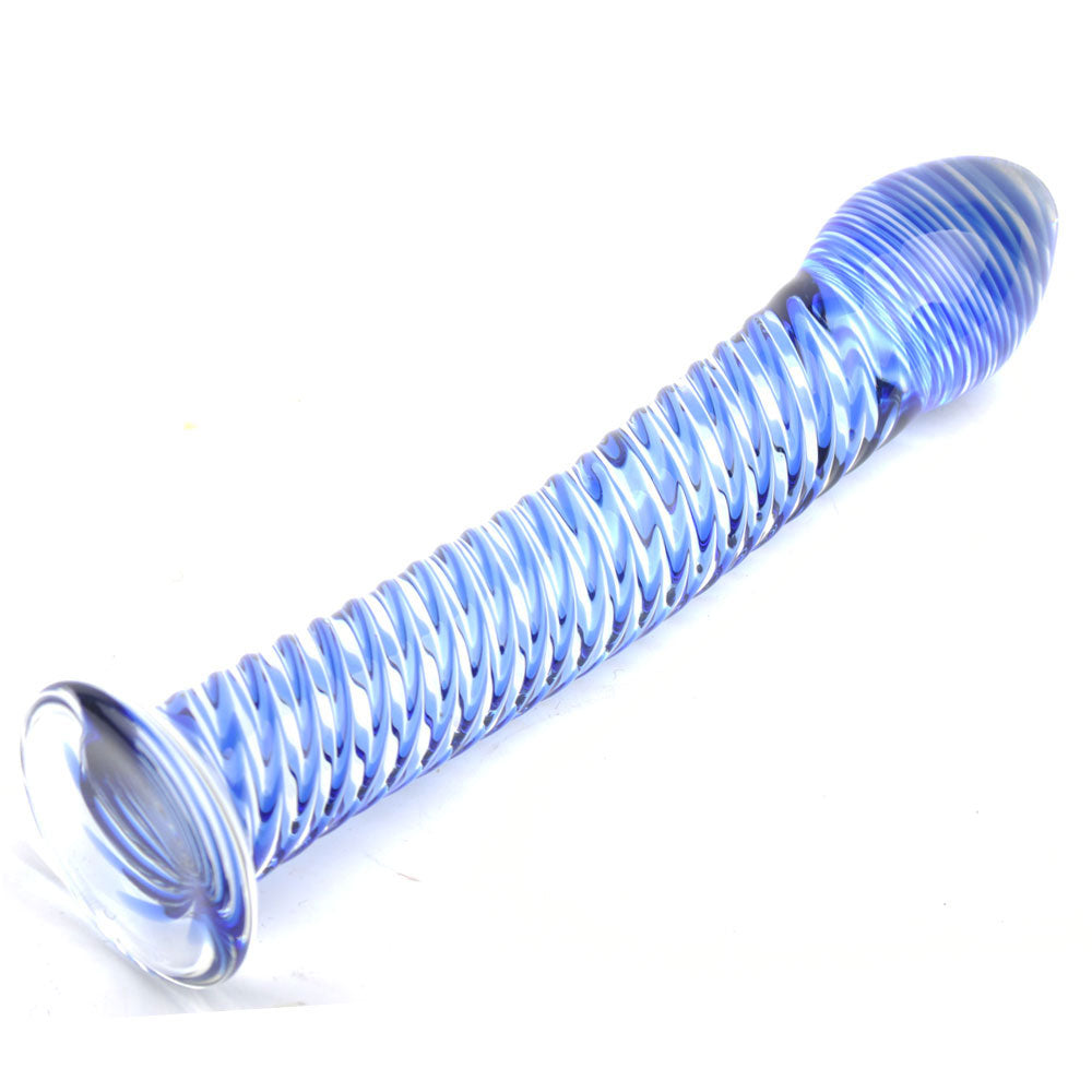 Dildo de vidro com design espiral azul