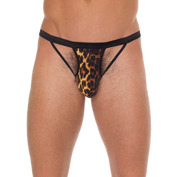 Tanga negro para hombre con tiras negras y bolsa con estampado animal